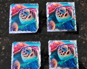 Red Turtle  Slate Rock Drink Coasters 4"  square