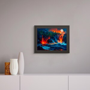 May include: A framed painting of a fiery orange lava flow cascading into a dark blue ocean. The scene is lit by a full moon and features palm trees in the background.
