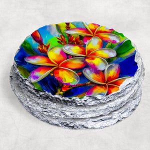 Tropical Plumeria Slate Coasters: Floral Print, Beach Decor