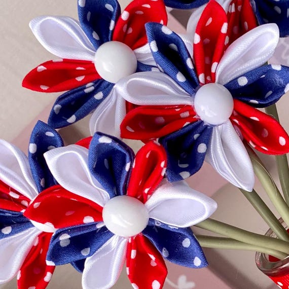 Handmade Floral Fabric Flower with Beaded Center - White & Red Beaded Native Flowers - Red Fabric - 449 main image 2