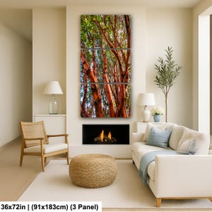 May include: A three-panel wall art piece featuring a vibrant image of trees with reddish-orange bark and green foliage. The artwork is displayed above a fireplace in a modern living room setting. The dimensions are 36x72 inches.