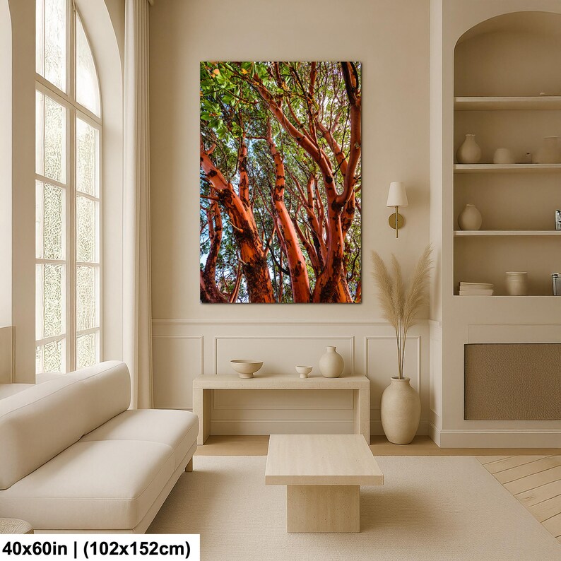 May include: A large canvas print of a tree with vibrant red-orange bark and green leaves. The artwork is displayed in a living room setting, with a neutral color palette and modern furniture. The print measures 40x60 inches.