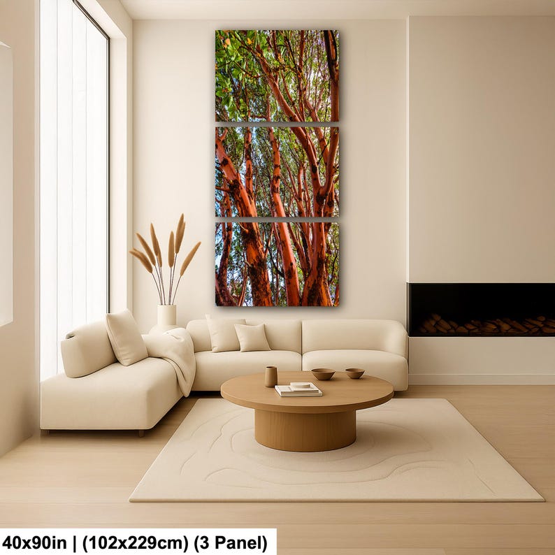 May include: A three-panel canvas print featuring a vibrant image of trees with reddish-brown bark and green foliage. The artwork is displayed in a modern living room setting, with a sofa, coffee table, and rug. The print measures 40x90 inches.