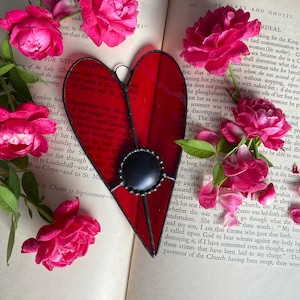 Red Planchette Heart - Stained Glass and Black Obsidian