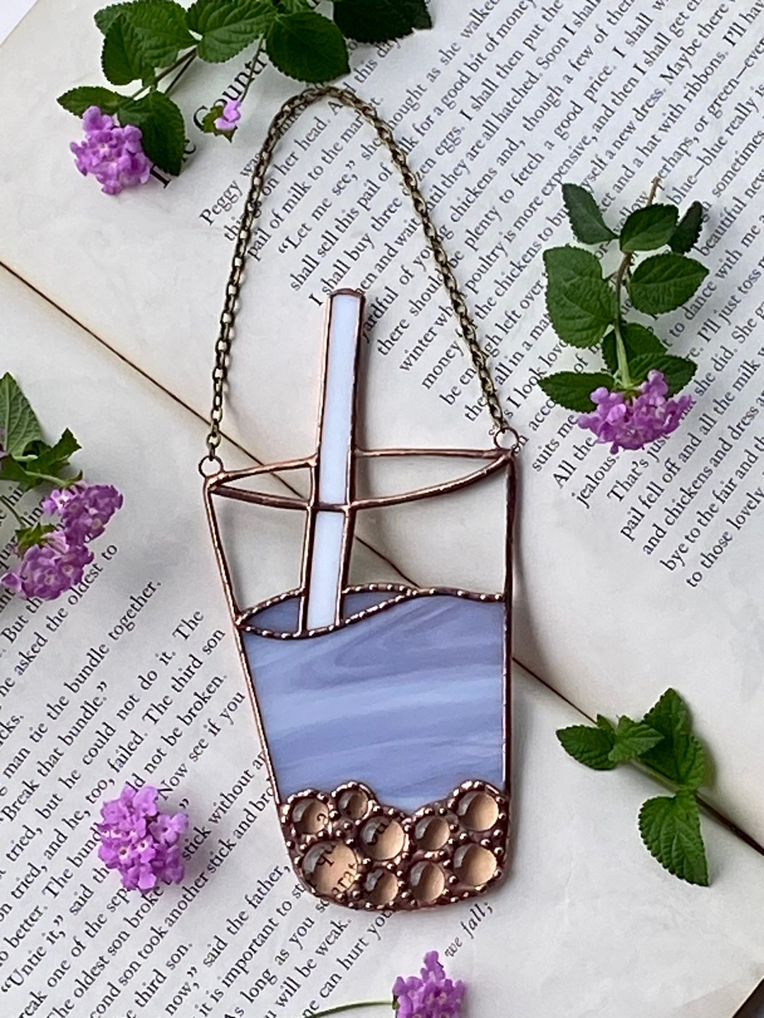 Lavender Honey Bubble Tea Suncatcher Stained Glass Boba Purple Milk