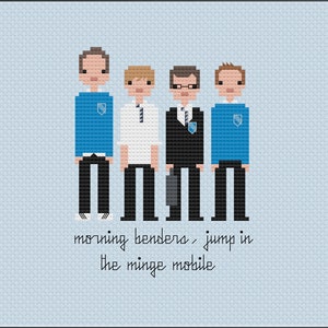 May include: Four cartoon figures in a row, wearing different outfits. The figures are standing on a light blue background. The text below the figures reads "morning benders - jump in the minge mobile".