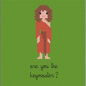 May include: A pixel art illustration of a woman with brown hair wearing a red robe and the text "Are you the keymaster?"