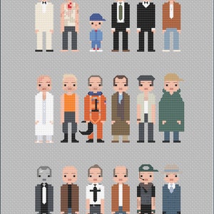 May include: A cross-stitch pattern featuring 27 pixelated characters from popular movies and TV shows. The characters are arranged in three rows, with each row containing nine characters. The characters are all wearing different outfits and have different hairstyles. The pattern is made up of a variety of colors, including black, white, red, blue, green, and yellow.