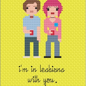 May include: A pixel art illustration of two people holding red cups. The text "I'm in lesbians with you." is below the image.