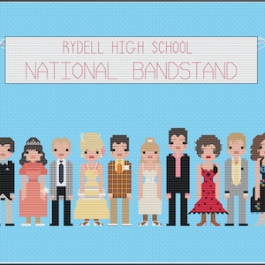 May include: A pixel art illustration of a group of people in formal attire standing in front of a banner that reads "Rydell High School National Bandstand". The people are all wearing different colors and styles of clothing, and they are all smiling. The background is a light blue color.