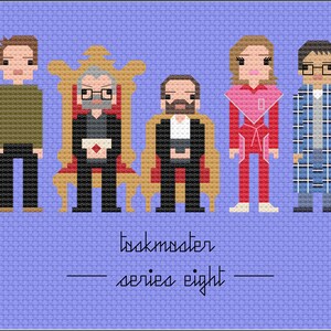 May include: A pixel art illustration of the cast of the TV show Taskmaster, featuring the show's host and five contestants. The image is titled "Taskmaster - series eight".