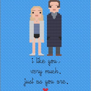 May include: A pixel art illustration of a couple standing together. The woman is wearing a white shirt and blue pants. The man is wearing a blue jacket and gray pants. The text below them reads: "i like you very much. just as you are."