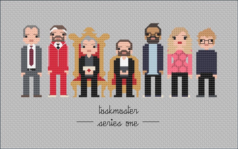 Op de afbeelding: Een kruissteekpatroon met de cast van de Britse comedy show Taskmaster. Het patroon bevat het logo van de show, "Taskmaster - serie &eacute;&eacute;n".