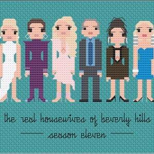 Puede incluir: Ilustración de arte de píxeles del elenco de The Real Housewives of Beverly Hills, temporada 11. Los miembros del elenco se representan en sus estilos característicos, con el texto "The Real Housewives of Beverly Hills" y "Season Eleven" debajo.