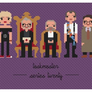 May include: A pixelated cross-stitch design featuring seven figures, each with distinct outfits and hairstyles, set against a purple background. The text "taskmaster series twenty" is displayed below the figures. The style is reminiscent of a video game.