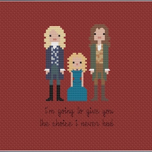 Op de afbeelding: Borduurpatroon met drie gepixelde figuren, twee volwassenen en een kind, met de tekst "Ik ga je de keuze geven die ik nooit had."