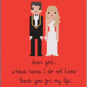 May include: A pixelated illustration of a bride and groom in black and white, standing in front of a red background. The text "dear god, whose name i do not know thank you for my life." is below the couple.