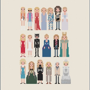 Puede incluir: Un patrón de punto de cruz con 20 figuras pixeladas de mujeres en diferentes atuendos y poses. Las figuras están dispuestas en tres filas, con la fila superior que presenta mujeres con vestidos y pantalones coloridos, la fila del medio que presenta mujeres con atuendos más formales y la fila inferior que presenta mujeres con ropa casual.