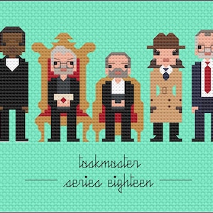 May include: A pixelated illustration of seven figures, each with distinct outfits and features, set against a teal background. The text "taskmaster series eighteen" is at the bottom. The figures include a person in a cricket sweater, a person in a suit, and a person in a trench coat.