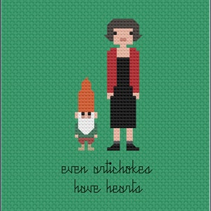 May include: Cross-stitch pattern featuring a woman in a red jacket and black dress standing next to a small gnome. The text "even artichokes have hearts" is below the figures.