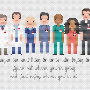 May include: Cross-stitch pattern featuring a group of eight cartoon characters in medical scrubs and a quote: "maybe the best thing to do is stop trying to figure out where you're going and just enjoy where you're at".