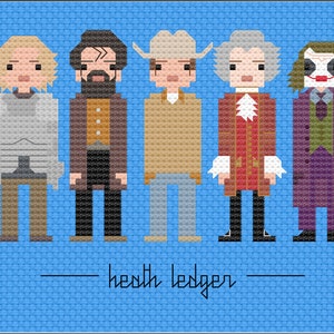 May include: A cross-stitch pattern featuring eight pixelated portraits of Heath Ledger in different roles, including his iconic Joker from "The Dark Knight". The text "Heath Ledger" is written below the portraits.
