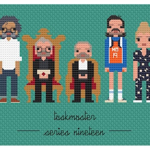 May include: A pixelated illustration featuring eight figures in a row against a teal background. The figures are in a cross-stitch style, with the text "taskmaster series nineteen" below. Each figure has unique clothing and accessories.