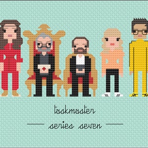 May include: A pixel art illustration of the cast of Taskmaster series seven. The image features six characters, including the host, Alex Horne, and five contestants. The characters are depicted in a simple, pixelated style, with each character wearing a different outfit. The image is set against a light blue background. The text "Taskmaster - series seven" is written below the characters.