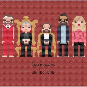Op de afbeelding: Een pixel art-illustratie van de cast van de Britse comedy-show Taskmaster, met de presentator van de show Greg Davies en de deelnemers. De afbeelding heeft de titel "Taskmaster - Serie E&eacute;n".