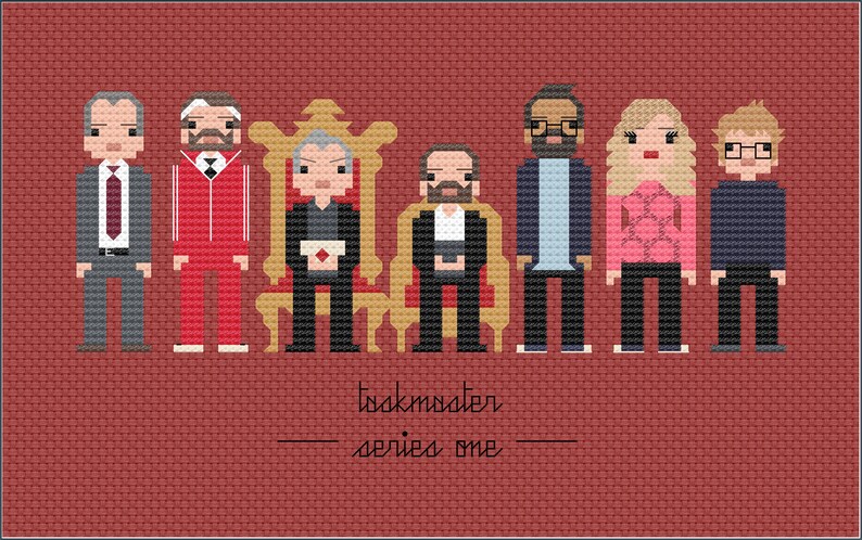 Op de afbeelding: Een pixel art-illustratie van de cast van de Britse comedy-show Taskmaster, met de presentator van de show Greg Davies en de deelnemers. De afbeelding heeft de titel "Taskmaster - Serie E&eacute;n".
