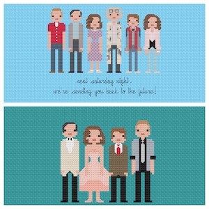 May include: A cross-stitch pattern featuring the characters from the movie Back to the Future. The top image shows the main characters standing in a line, with the text "next saturday night, we're sending you back to the future!" below them. The bottom image shows the characters in a different pose, with Marty McFly and Jennifer Parker in the center.