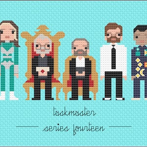 May include: A pixel art illustration of the cast of Taskmaster series fourteen. The image features a group of people standing in a line, including the host, Greg Davies, and the contestants. The text "Taskmaster series fourteen" is written below the image.