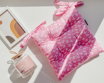 Kids High Square Chair Cushion: Handmade Cotton Bows Print Pink