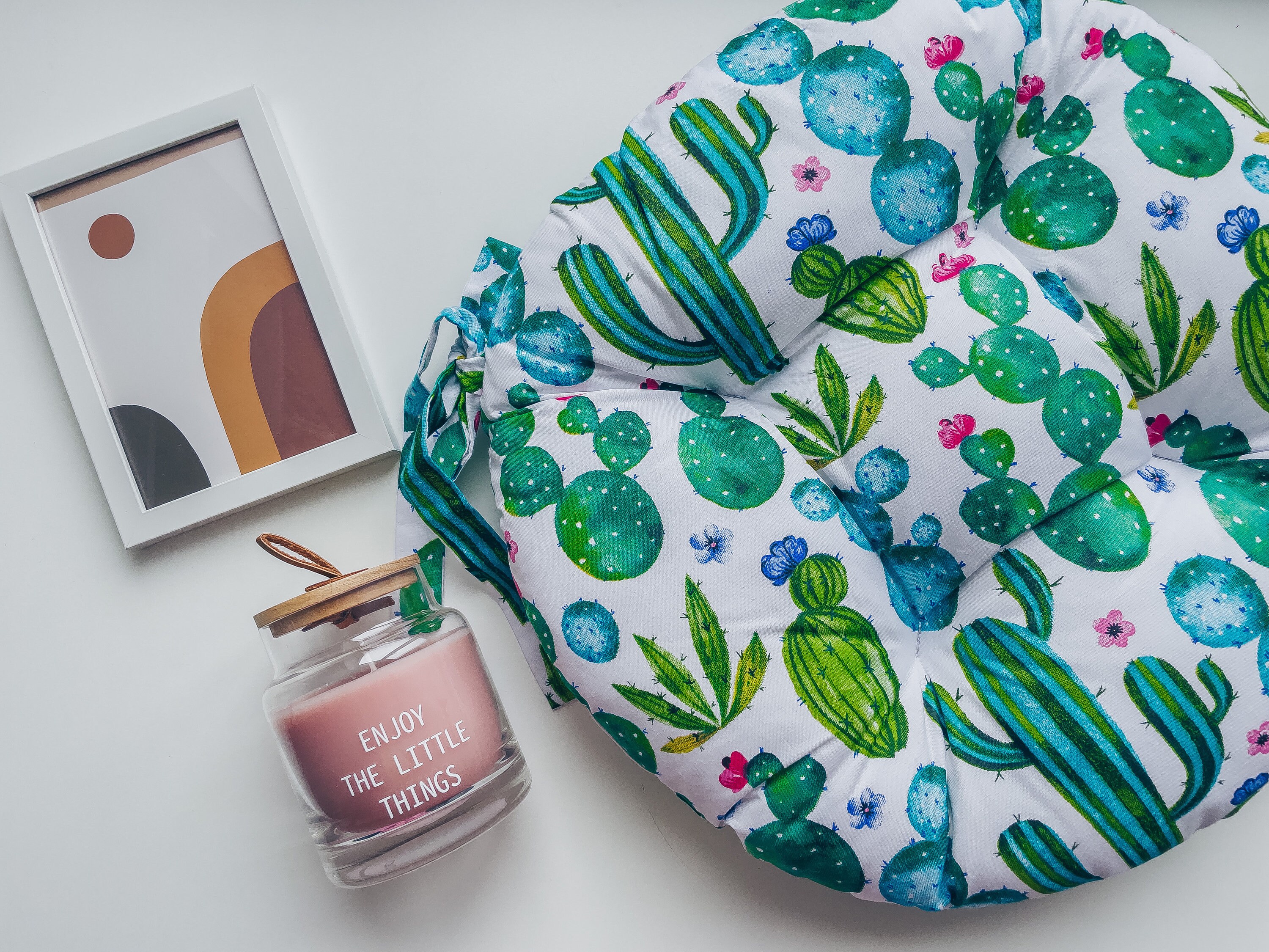 Handmade Round Chair Cushion: Cactus Print Seat Cushion with Ties