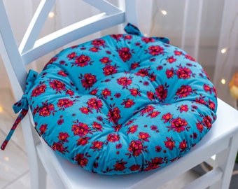 Handmade Round Chair Cushion: Floral Indoor Cushion with Ties