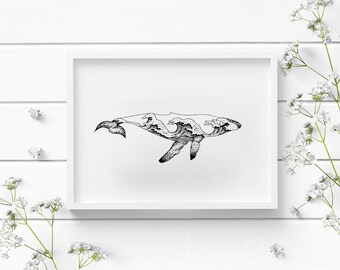 May include: A black and white line drawing of a whale with waves inside its body. The whale is framed in a white frame and set against a white wood background.