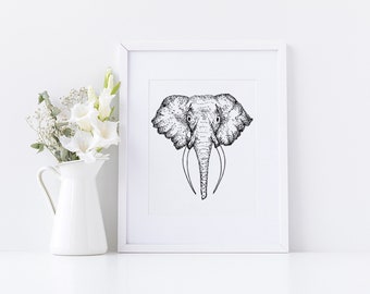 May include: A black and white line drawing of an elephant's head in a white frame. The drawing is in a minimalist style and features detailed lines.