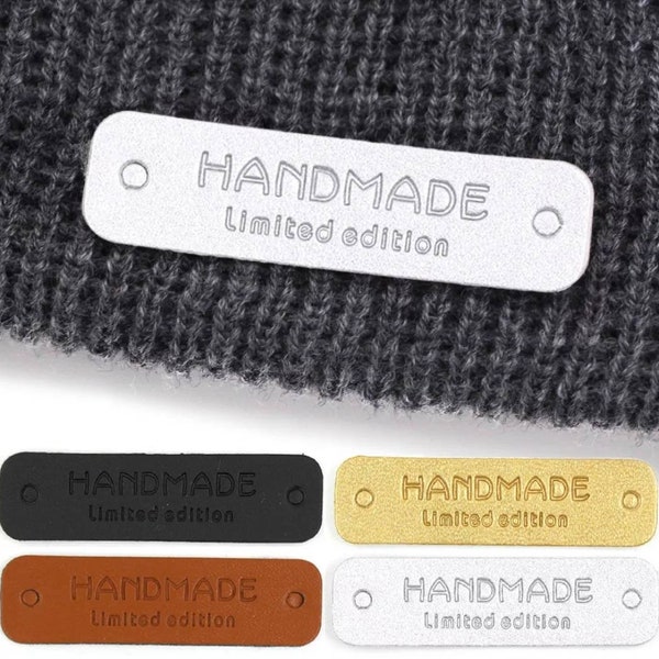 10 Stück Handmade Label Leder,Lederetiketten zum Annähen,Handmade Etiketten Leder,Handmade Label mit Löchern für DIY-Hüte Kleidung 16x56mm