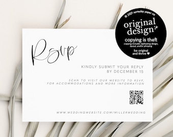 scannable wedding website card insert, printable QR code RSVP template, modern online reply card, invitation details card, instant download