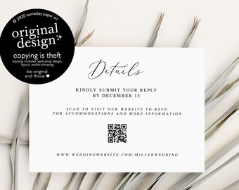 wedding invitation details card with QR code, online RSVP card template, printable invitation insert card, wedding website card
