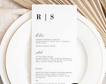 minimalist wedding menu template, modern typography dinner menu, printable black and white monogram menu, editable download