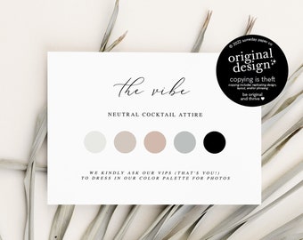 dress code color card for wedding, customizable guest attire insert template, printable neutral wedding card for family and bridal party