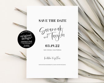 minimalist save the date template, simple printable save the date without photo, black and white modern wedding announcement, download