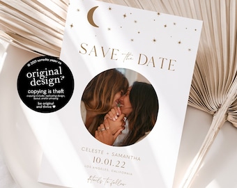 magical celestial save the date template, printable under the stars wedding, moon and stars save our date card with photo, instant download