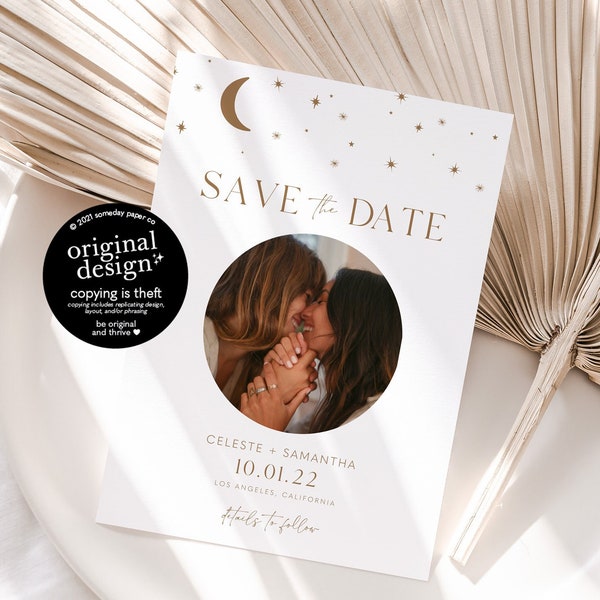 magical celestial save the date template, printable under the stars wedding, moon and stars save our date card with photo, instant download