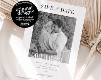 minimalist black and white save the date template, printable modern save the dates with photo, digital download