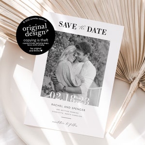 minimalist black and white save the date template, printable modern save the dates with photo, digital download