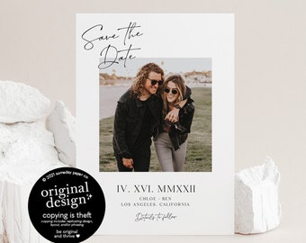 minimalist save the date template with photo, Roman numeral save the date, modern sophisticated printable engagement announcement