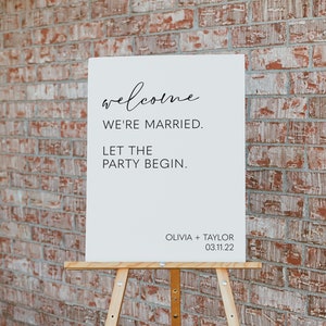 modelo de sinal de boas-vindas de recepção, vamos começar a festa, vamos fazer isso, pôster de casamento finalmente casado, download instantâneo minimalista