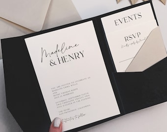 diy minimalist pocket wedding invitation template, printable black and white wedding invitation set with insert cards, editable download